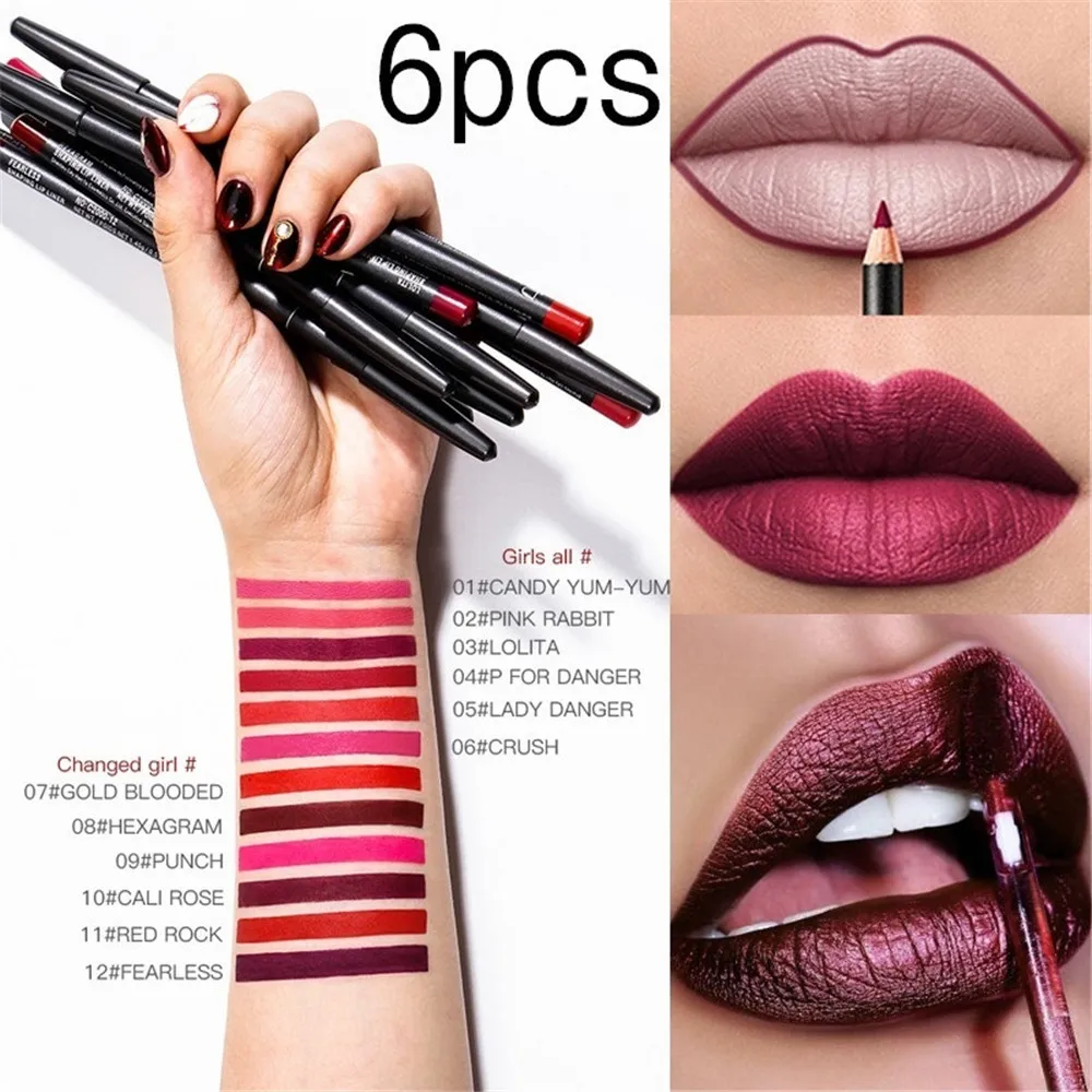 6Pcs Matte Lipliner Set Wasserdicht Lip Liner Bleistift Multi Farbe 3D Kontur Lippen Pigment Rot Lipliner Bleistift Make-Up Schönheit werkzeuge