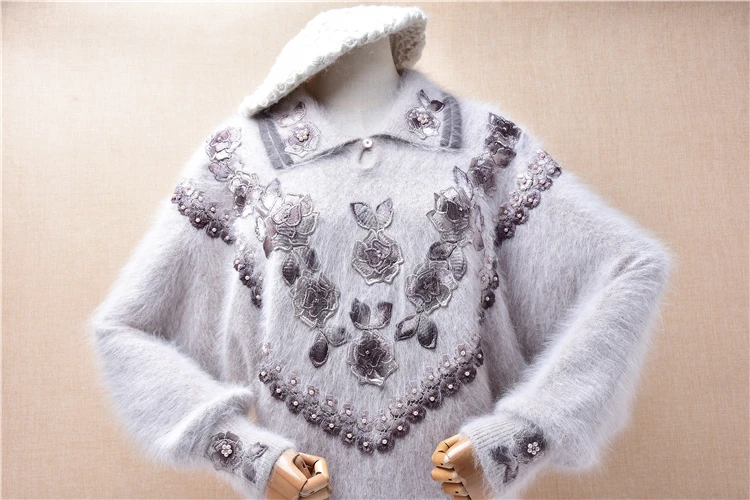 Ladies Women Autumn winter Vintage Flower Crochet Angora Rabbit Hair Knitted Turn-Down Neck Long Batwing Sleeves Loose Sweater