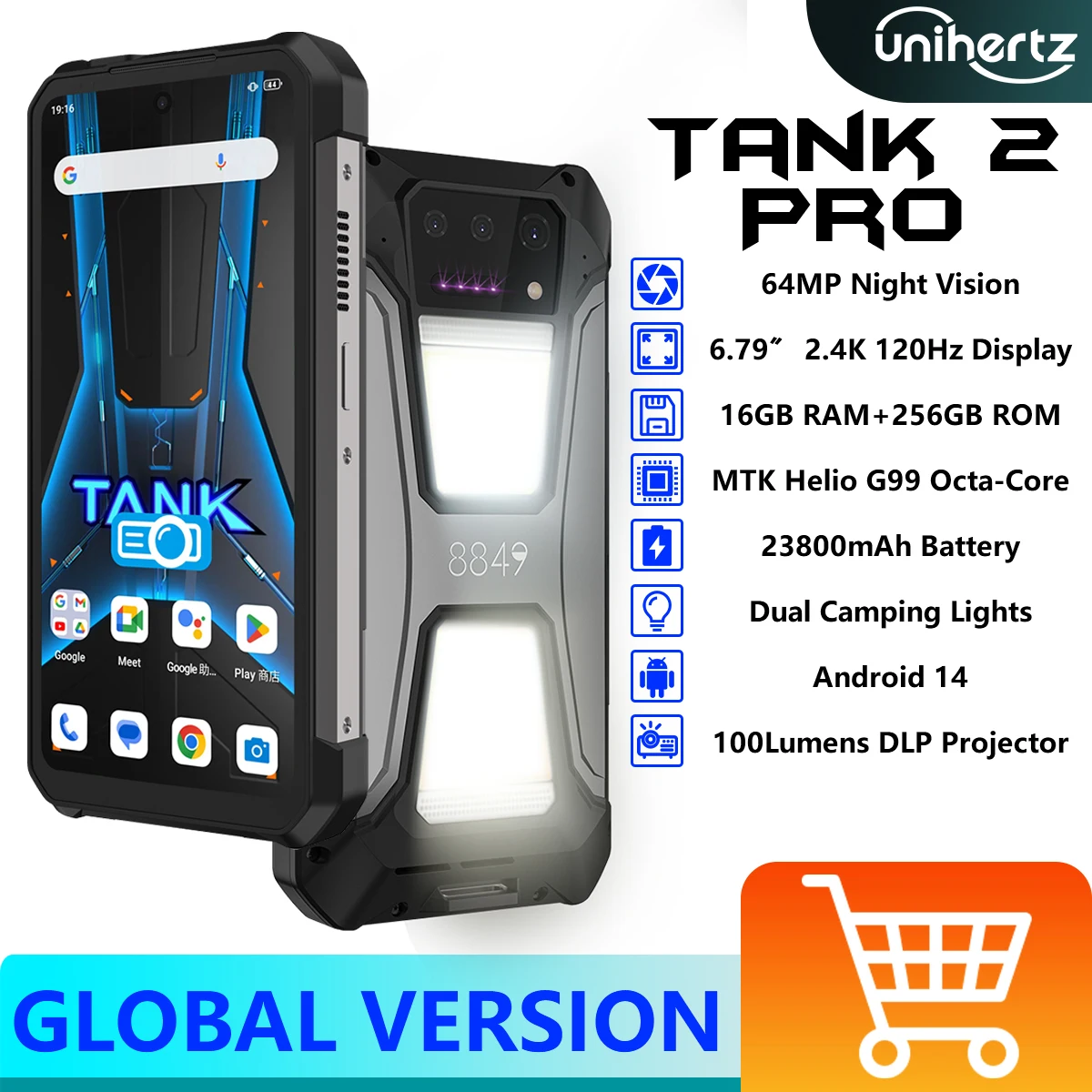 

Unihertz 8849 tank 2 Pro Rugged Phone 6.79" 120Hz Display DLP Projector 23800mAh 24GB + 512GB Android 14 Cellphone 100MP NFC