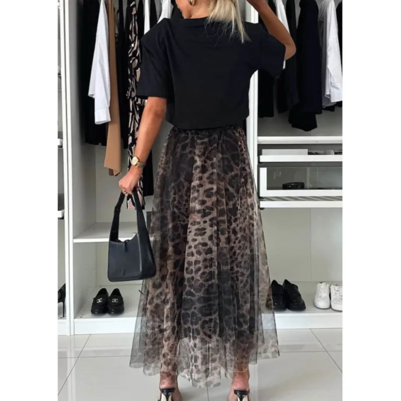 Sexy Thin Mesh Skirts For Women 2024 Autumn New Vintage Leopard Print Club Party Pleated Robe All-match Elastic Waist Long Skirt