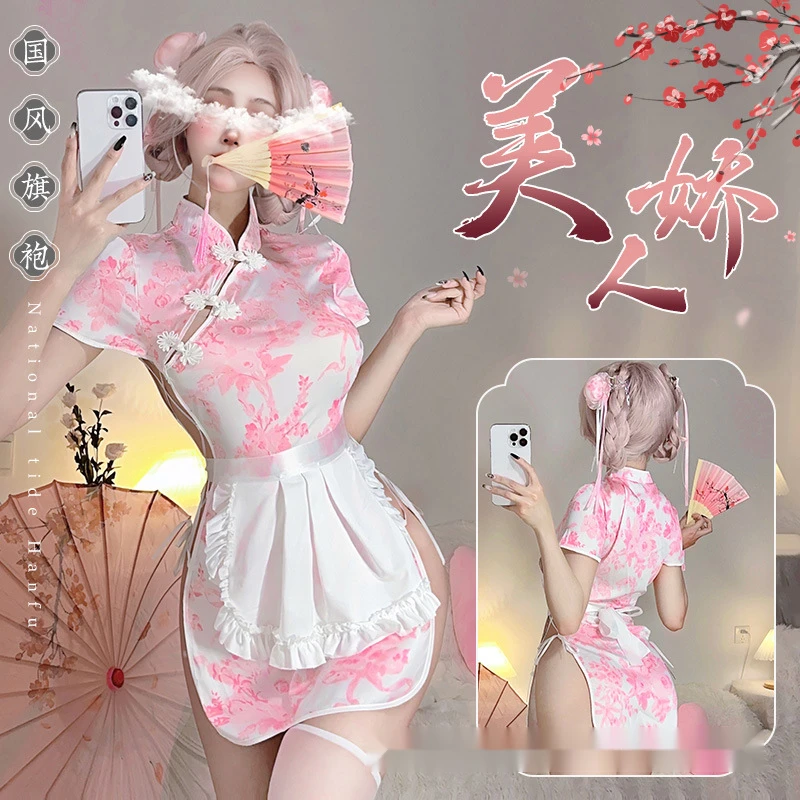 ฤดูร้อนใหม่จีนสาว Lolita จีน cheongsam ชุดหญิงส้อมพิมพ์ลูกไม้หลวมแขนสั้นชุด