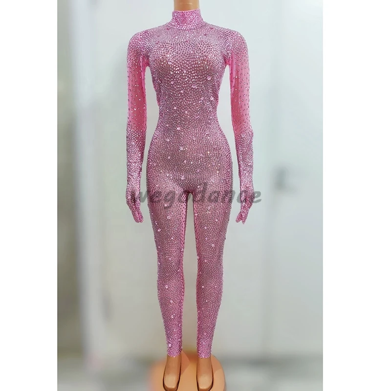 Stock Sexy Long Sleeve Rhinestone Show Cosplay Costume Club Party Dancer Leotard Bodycon Romper Women One Piece Jumpsuits