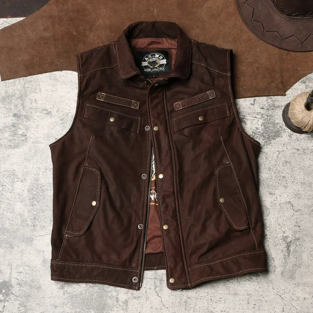 Blunt Razor Retro Dirty and Worn-out Work Vest Top Layer Hin Cowhide Motorcycle Men's Genuine Leather Jacket