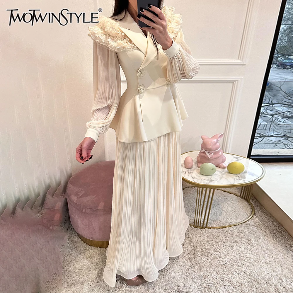 

TWOTWINSTYLE утягивающие комплекты из двух предметов для женщин, с лацканами и длинными рукавами, двубортный топ, лоскутная сетчатая юбка, женская новинка