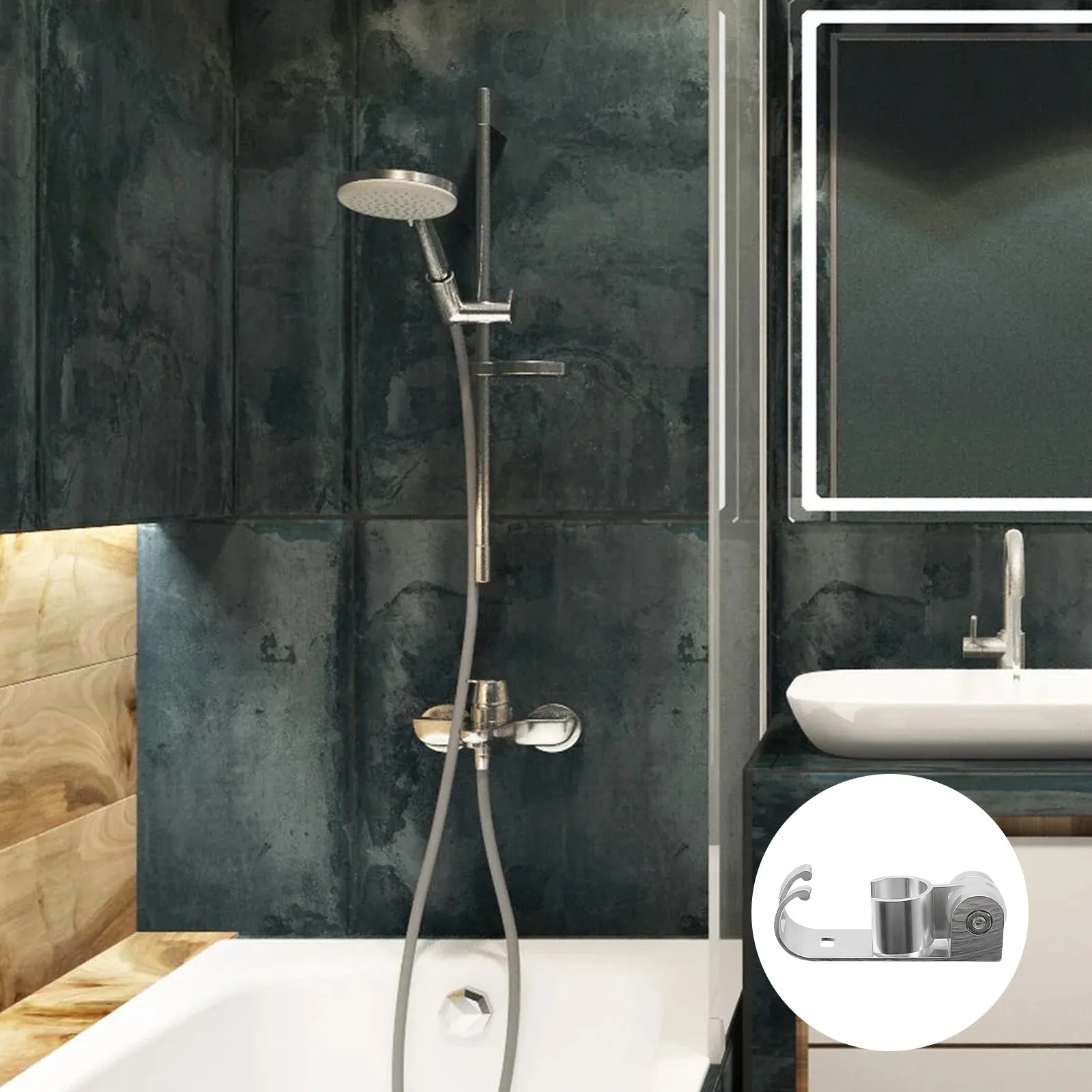 Multifunctional Adjustable Space Aluminum Shower Holder Rust-Proof Seat with Hook Bathroom Shower Hose Bracket