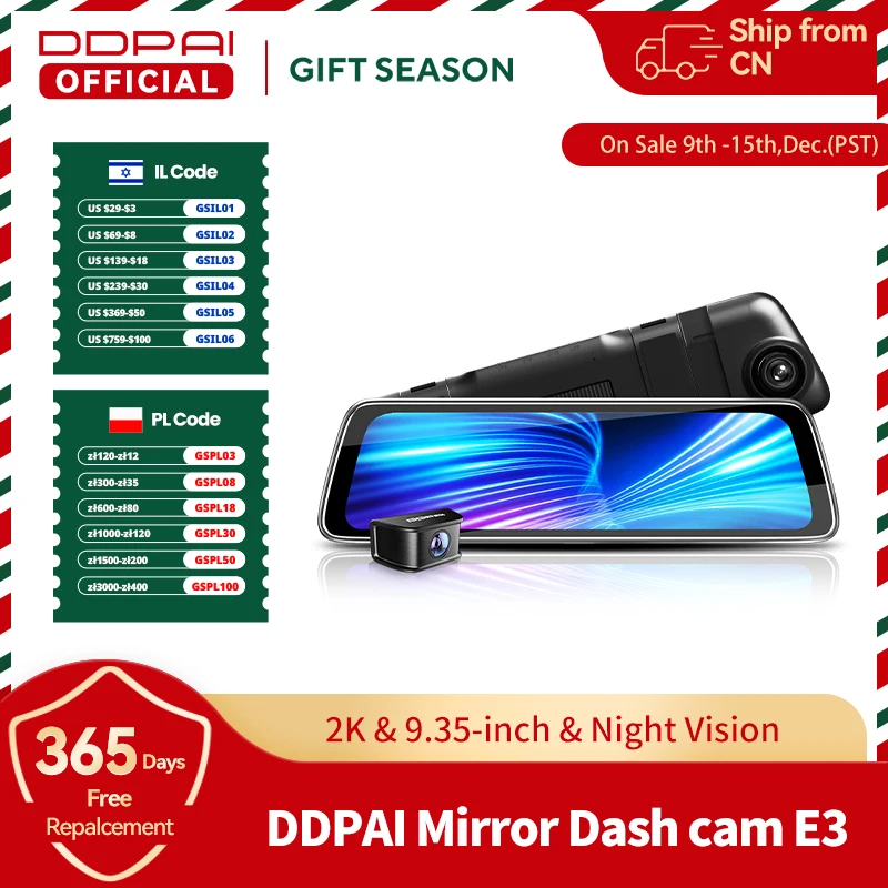 DDPAI Mola E3 9.35'' rearview camera Mirror Dashcam 2K Car Dash Camera Front and Rear Dual-Channel HDR Voice Control 24H Park