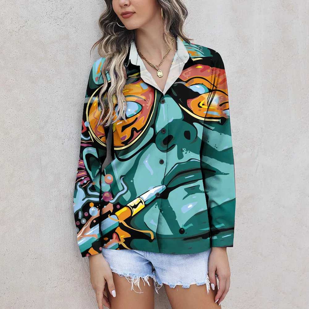 Artistic Facial Abstract Oil Painting 3D Digital Printing Lapel Shirt For Women Loose Casual Cardigan Blouse Camisa Mujer Autumn