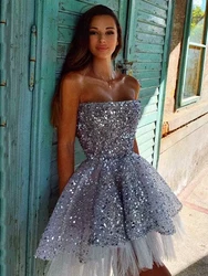 Shiny Sequined Short Cocktail Dresses 2023 Women Formal Party Prom Gray Graduation Homecoming Gowns Vestido De Gala