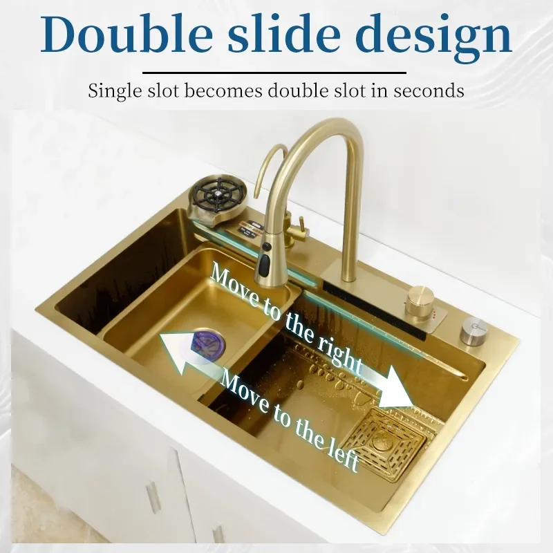 Waterfall Kitchen Sink Gold 304 Stainless Steel Sink Faucet Smart Dishwasher Modern Large Single Bowl Wash Basin Kitchen