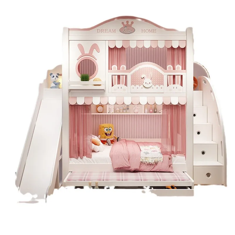 Rubber wood bunk bed, large storage, modern minimalist and playful design, suitable for bedrooms