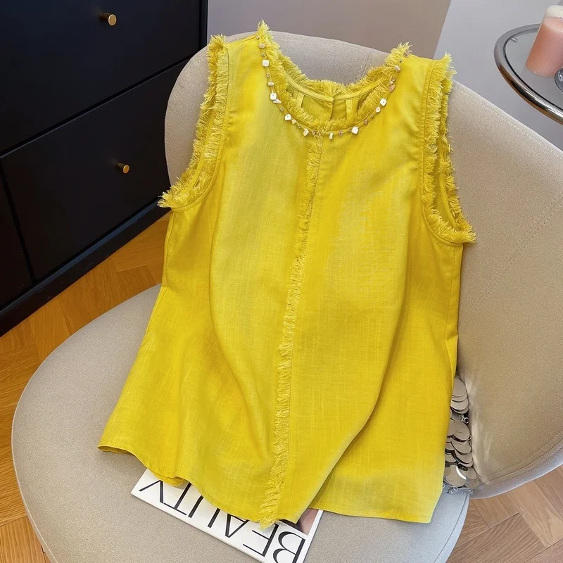 

Желтые кисточки из бисера с потертостями из хлопка и льна Svel irt, женские летние новые легкие роскошные антивозрастные Sli Small irt