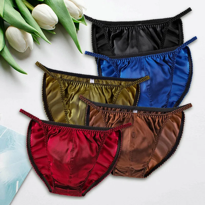 Men\'s Satin Briefs Sexy Low Waist Panties Breathable Thin Silk G-string Lingerie Comfortable Seamless Men Underwear Underpants