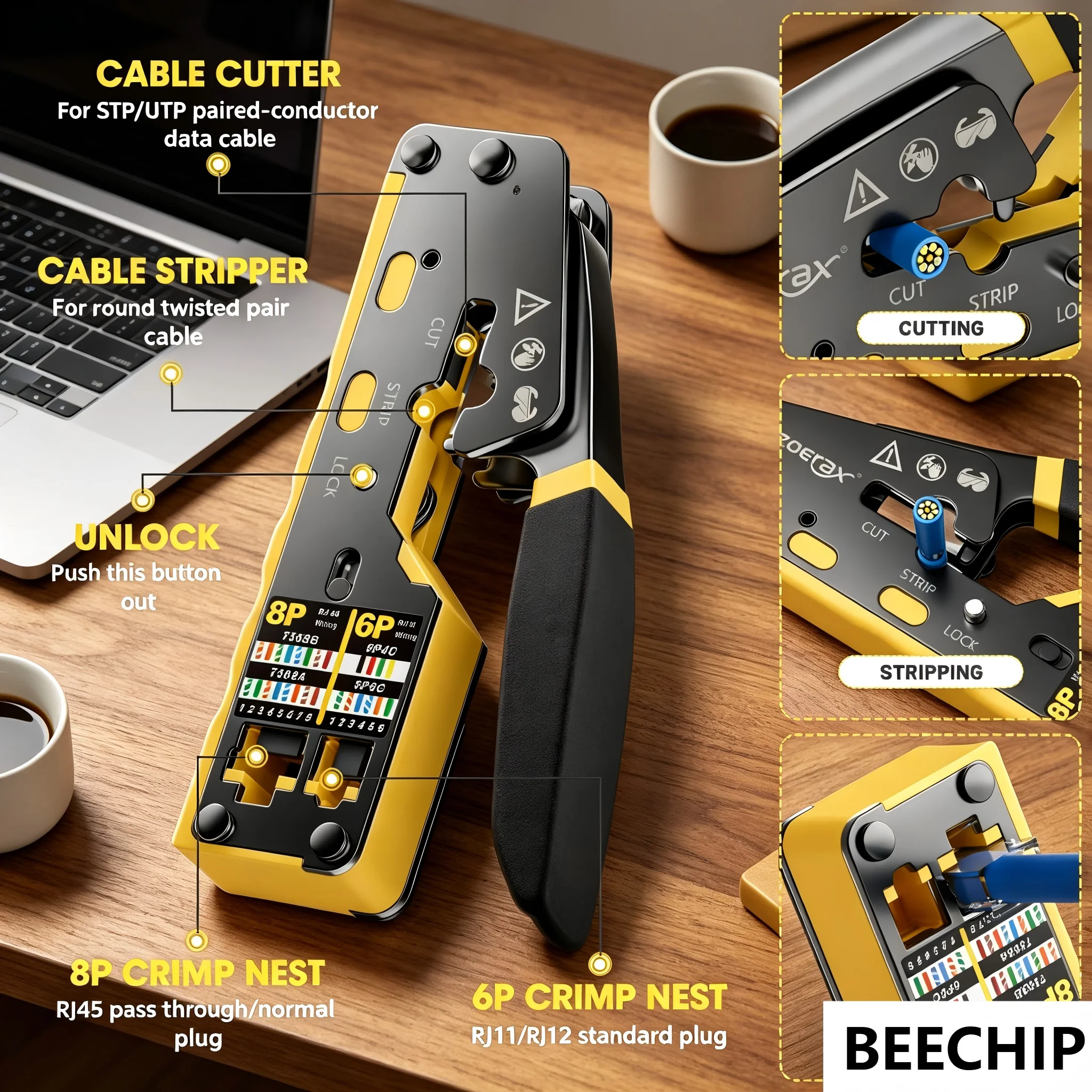 RJ45 Crimp Tool Pass Through Ethernet Crimping Tool for Cat6 Cat5 Cat5e RJ45 Connectors with Replacement Blade