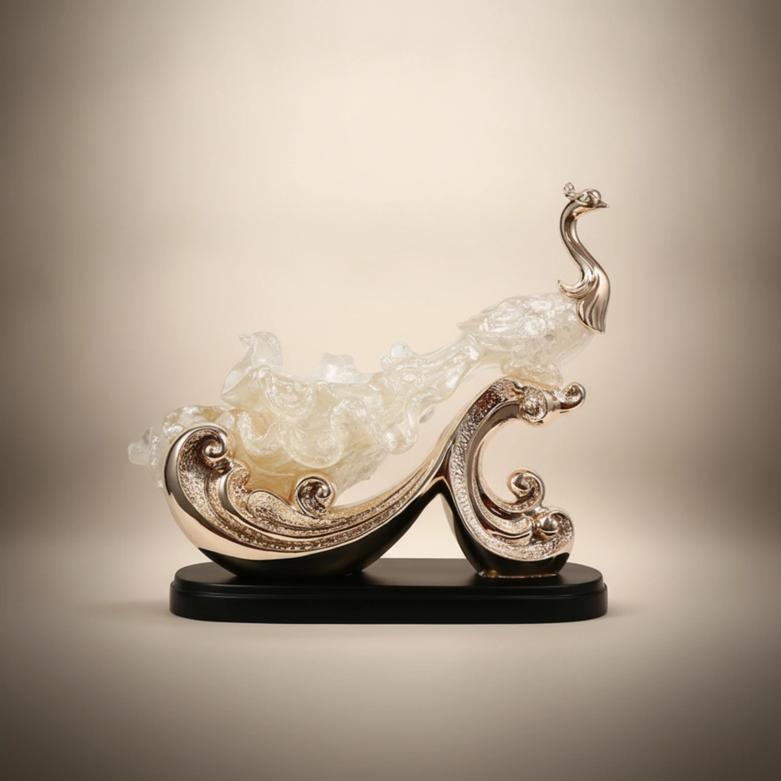 Peacock Figurine Translucent Sculpture with Base Phoenix Statue Lustrous-Look Peacock Statue Horizontal for Homeowners