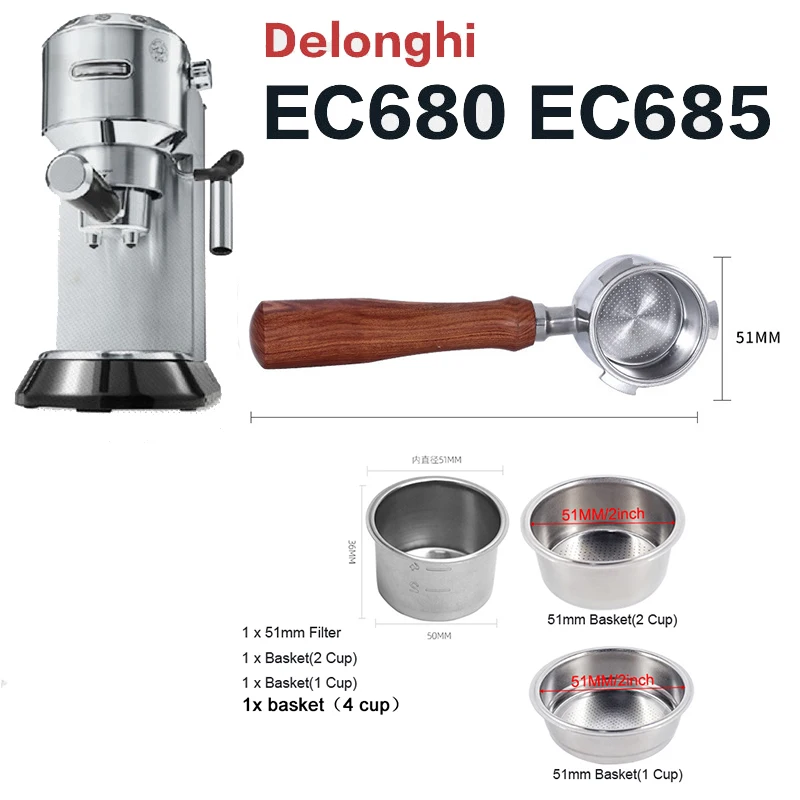 Delonghi 51MM 3 Ears Coffee Bottomless Portafilter Naked Filter 304 Stainless Steel 1 2 4 Cups Filter Basket Coffee Accessories