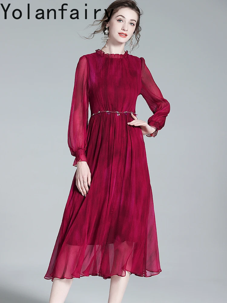 YOLANFAIRY New Autumn 100% Real Mulberry Silk Dresses Woman High-end Elegant Women Dress Cinched Waist Long Sleeve Dress Robe