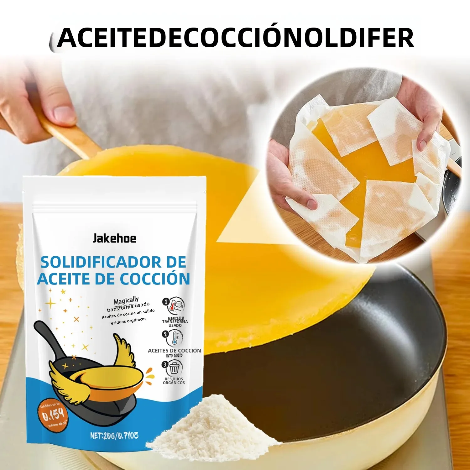 Polvo Solidificador de Aceite de Cocina a Base de Plantas Naturales, Endurece hasta 2.25 Galones de Aceite de Fritura, Coagulante de Grasa Ecológico para Cocina