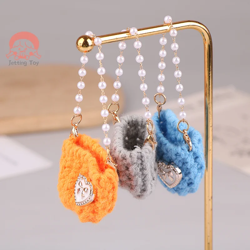 1/12 Doll Mini Knitted Shoulder Bag Pearl Chain Crossbody Bag Doll Dress UP Accessories For Dollhouse Decoration