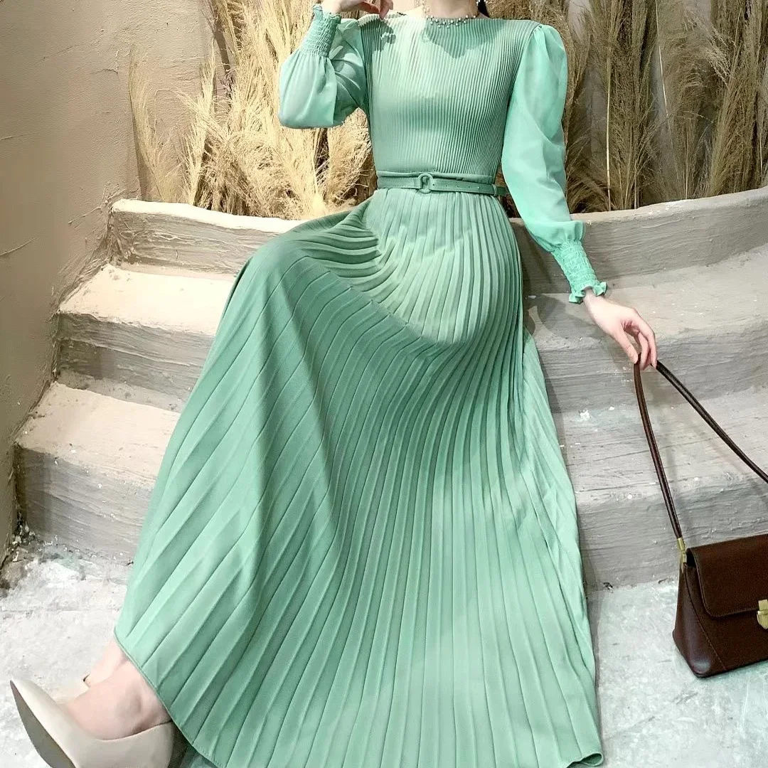 Pleated Dress Women Long Dresses A Line Round Neck Long Sleeve Party Maxi High Waist Belt Slim Sexy Elegant Splice Vestidos 2024