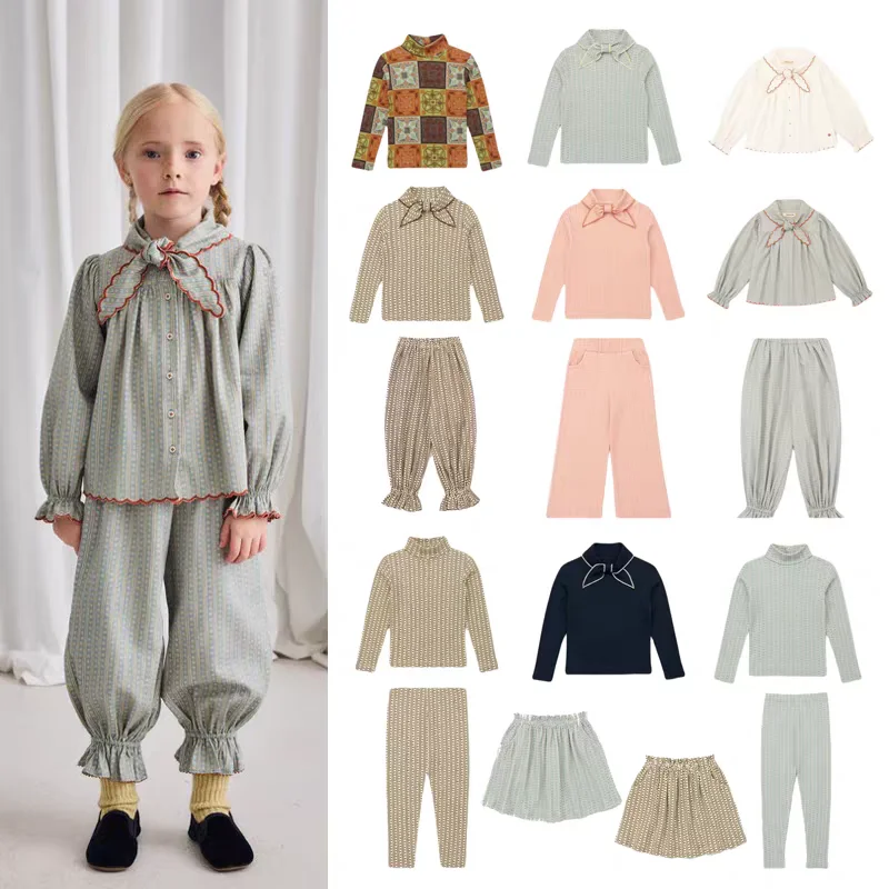 

Girls' Long Sleeved T-shirt 2025 Autumn/Winter New Printed Fashionable Bow Children's Base Shirt Pure Cotton Floral Girls' Skirt