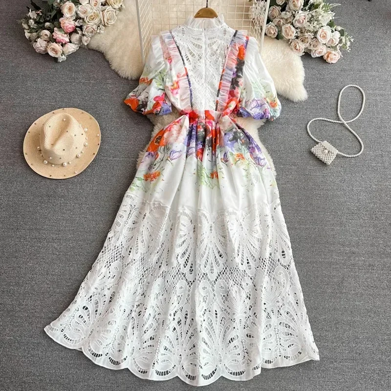 Retro Palace Style Bubble Short Sleeve Stand Collar Slim A-Line Dress Women Water Soluble Hook Floral Hollowed-Out Lace Dresses