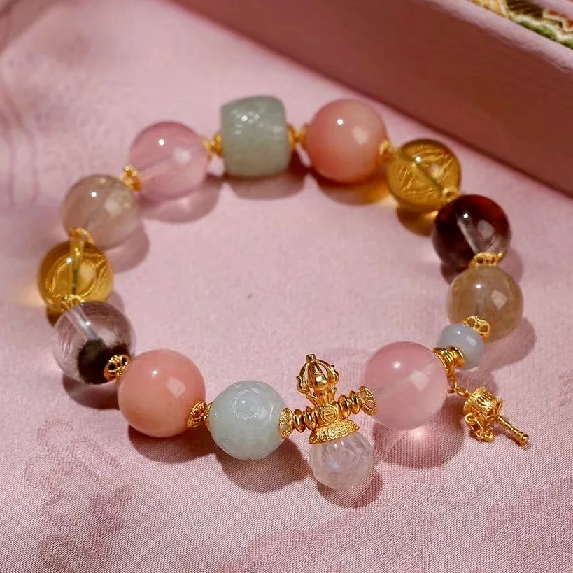 

Браслет из натуральных многокаменных кристаллов: розовый опал, зеленый фантомный жадеит, лунный камень, серебро 925 пробы, оригинальный дизайн, целебные украшения