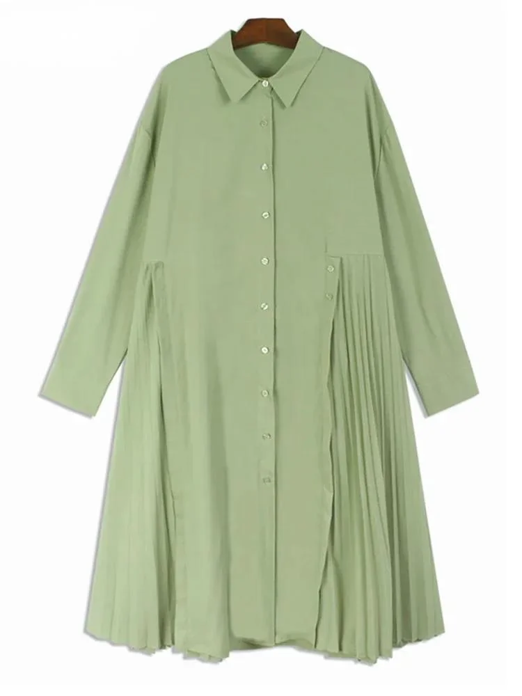 Women Green Hem Irregular Pleated Big Size Shirt Dress New Lapel Long Sleeve Fashion Tide Spring Autumn