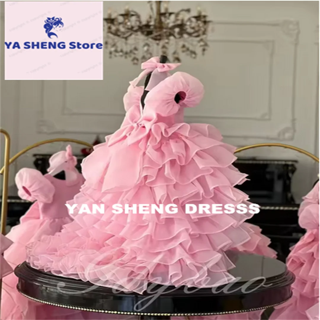 Customized Flower Girl Dresses for Wedding Short Sleeves With Bow Birthday Kids Evening Party First Communion Ball Gowns