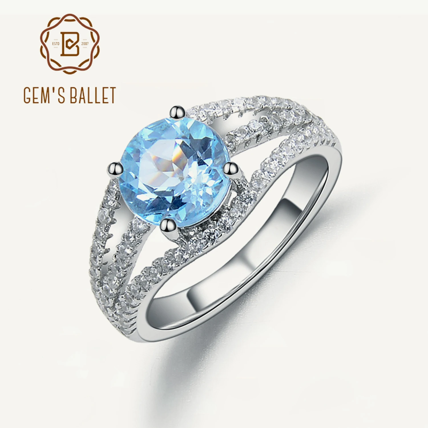 

GEM'S BALLET 7mm Round Natural Sky Blue Topaz Ring For Women Wedding 925 Sterling Silver Multi-Band Engagement Ring Fine Jewelry