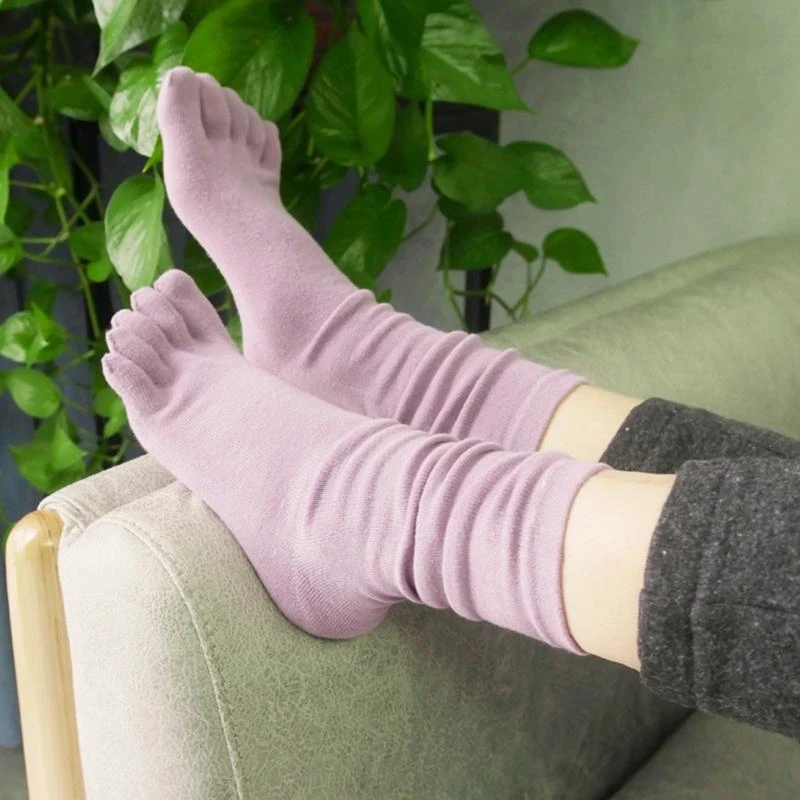 Women Autumn Five Finger Long Tube Socks Simple Color Soft Casual Breathable Toe Separated Yoga Cotton Hosiery 15UB