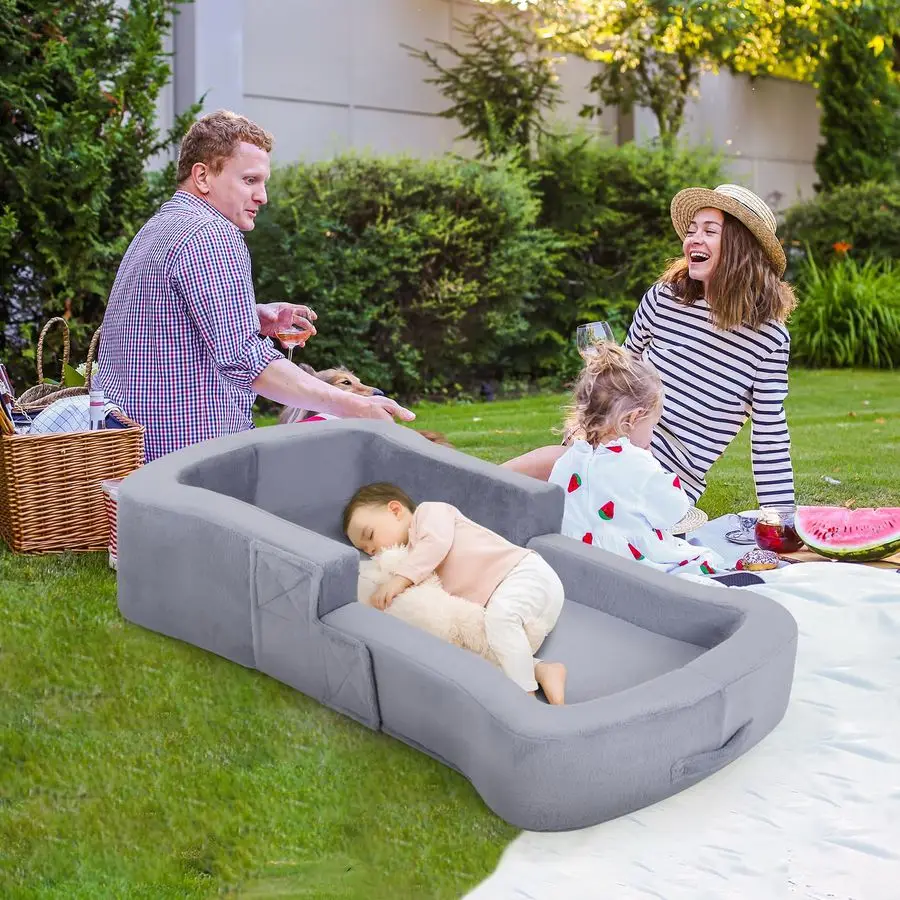 سرير سفر، كرسي أريكة سرير محمول قابل للطي 2 في 1، سرير أرضية ناعم للأطفال الصغار مع أغطية قابلة للغسل، رافعة إسفنجية آمنة