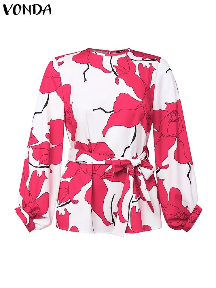 Plus Size 5XL VONDA Women Autumn Office Blouse Long Sleeve Bohemian Floral Printed Shirts Belted Casual Tunic Tops Blusas