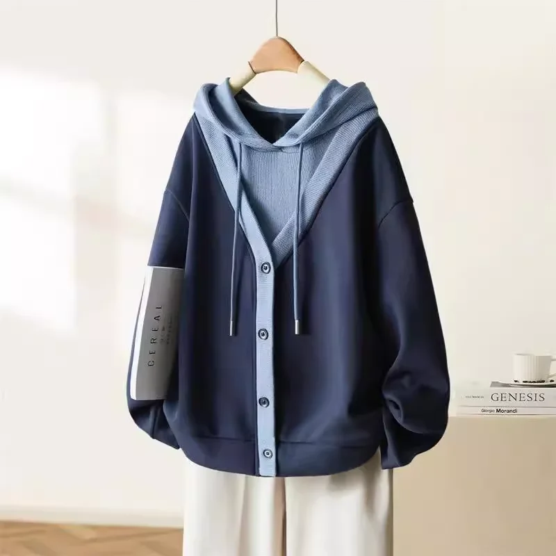 

Вязаный свитер большого размера с капюшоном, молодежный модный осенне-зимний женский топ в стиле колор-блок, повседневный свободный крой, корейский стиль