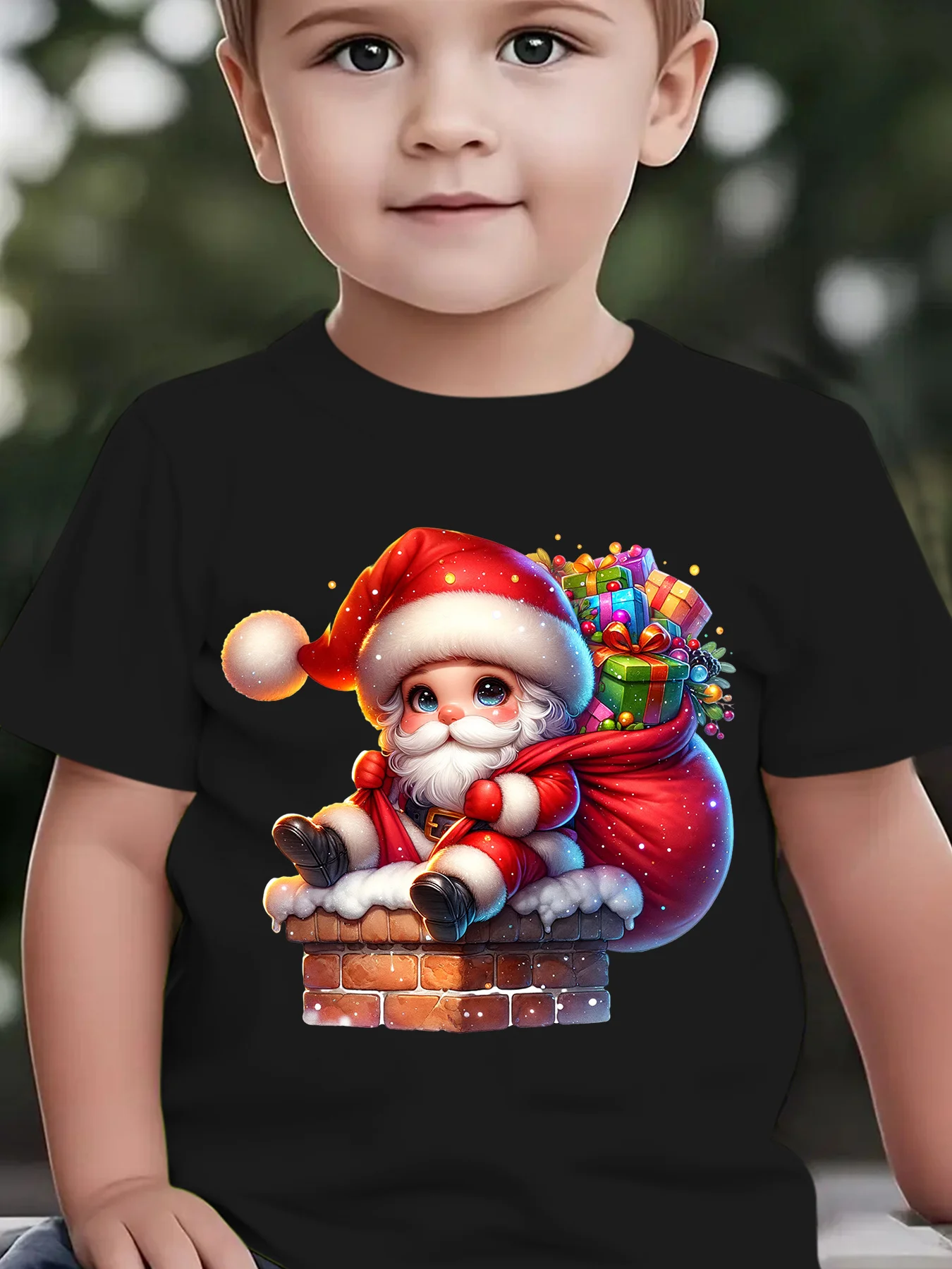 Kids Boys Girls Family Matching T Shirt Christmas Cute Santa Chimney Gift Bag Graphic Print Short Sleeve Crew Neck Soft Tee