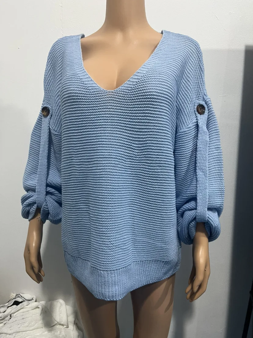 

Lady Casual Knitted V Neck Sweater Fall Winter Fashion Button Warm Commuter Jumper Elegant Solid Adjustable Long Sleeve Pullover