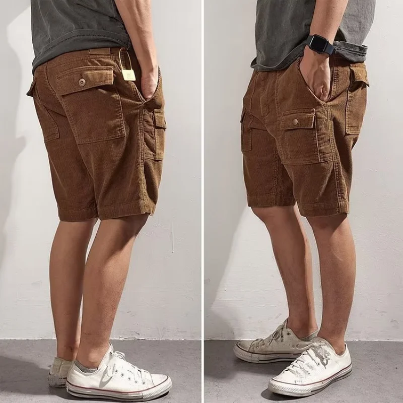 Summer Cargo Men\'s Shorts Retro Corduroy Trendy Solid Color Loose Casual Sports Straight Shorts Large Size Multi-pocket Shorts