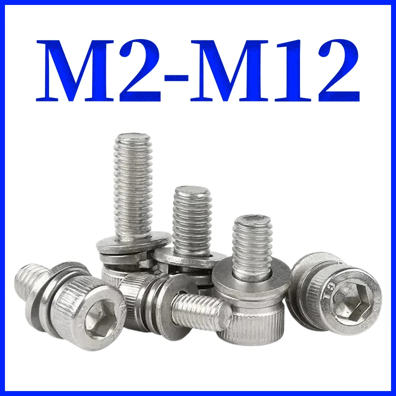 

304 Stainless Steel Hex Hexagon Socket Cap Head SEM Screw Flat Washer Spring Gasket Assemble Bolt M2 M2.5 M3 M4 M5 M6 M8 M10 M12