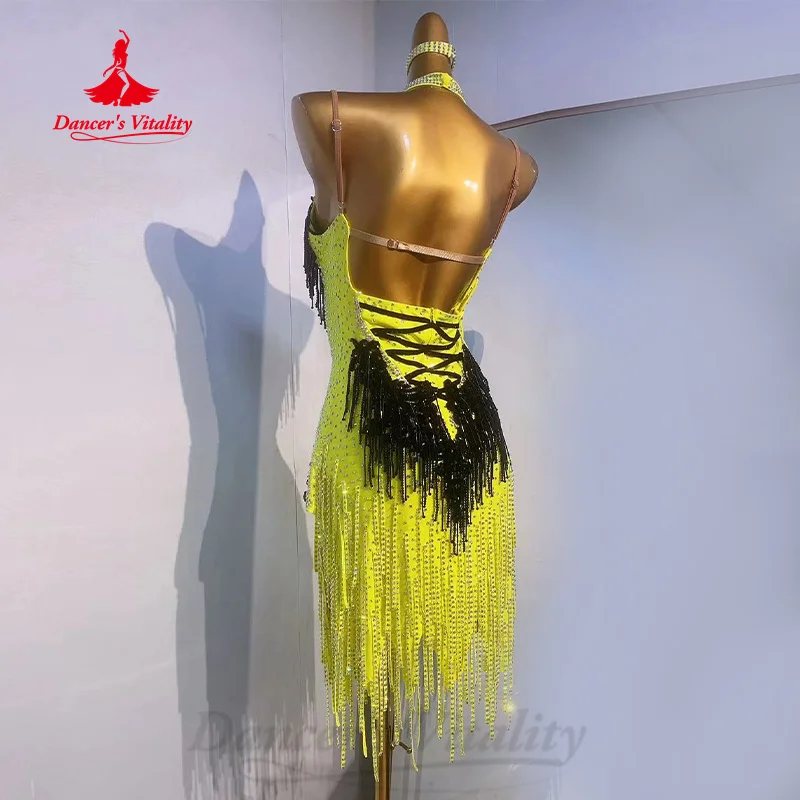 Latin Dance Performance Costumes Adult Children Customized Luxury Full Diamond Tassel Dress Chacha Samba Competition Dresses