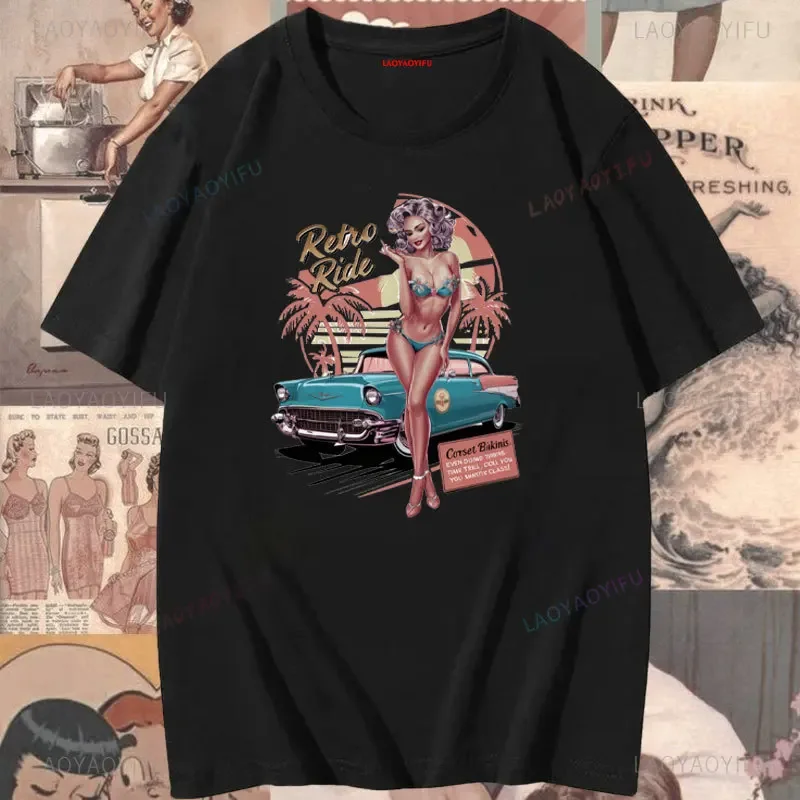 Retro Ride Car Pin-up Girls Graphic T Shirts Summer Beach Heat Coconut Trees Woman Vintage Cotton T-shirt Man Outdoors Tops Tee