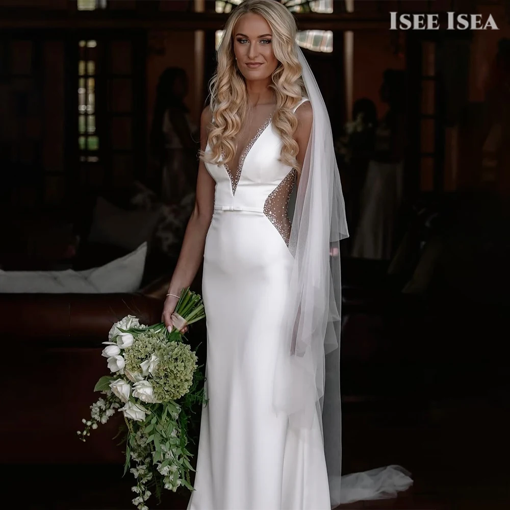 

Wedding Ceremony Dress Mermaid Modern Chic Bridal Gown Deep V Neck Engagement Party Beaded Side Illusion Formal Dress Customized