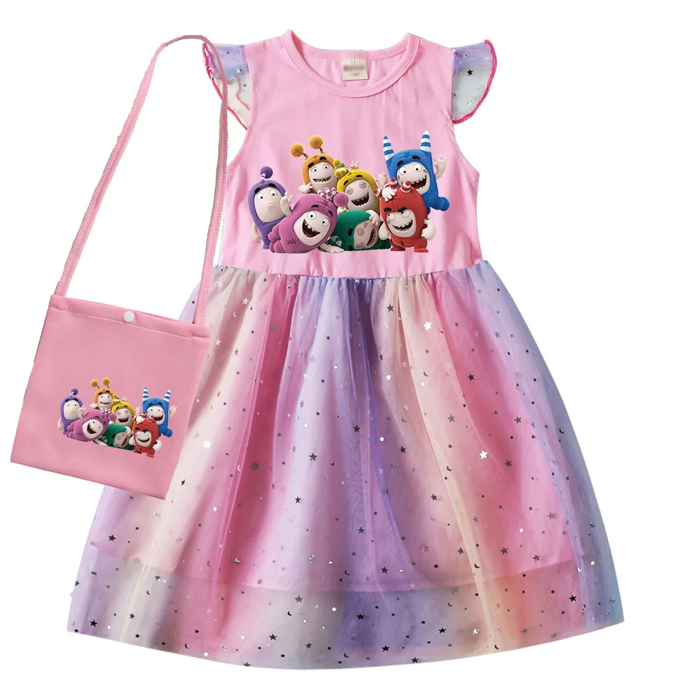 

New Adorable Oddbods Costumes Kids Halloween Cosplay Baby Girls Short Sleeve Casual Dreses & Bag Children Wedding Party Vestidos