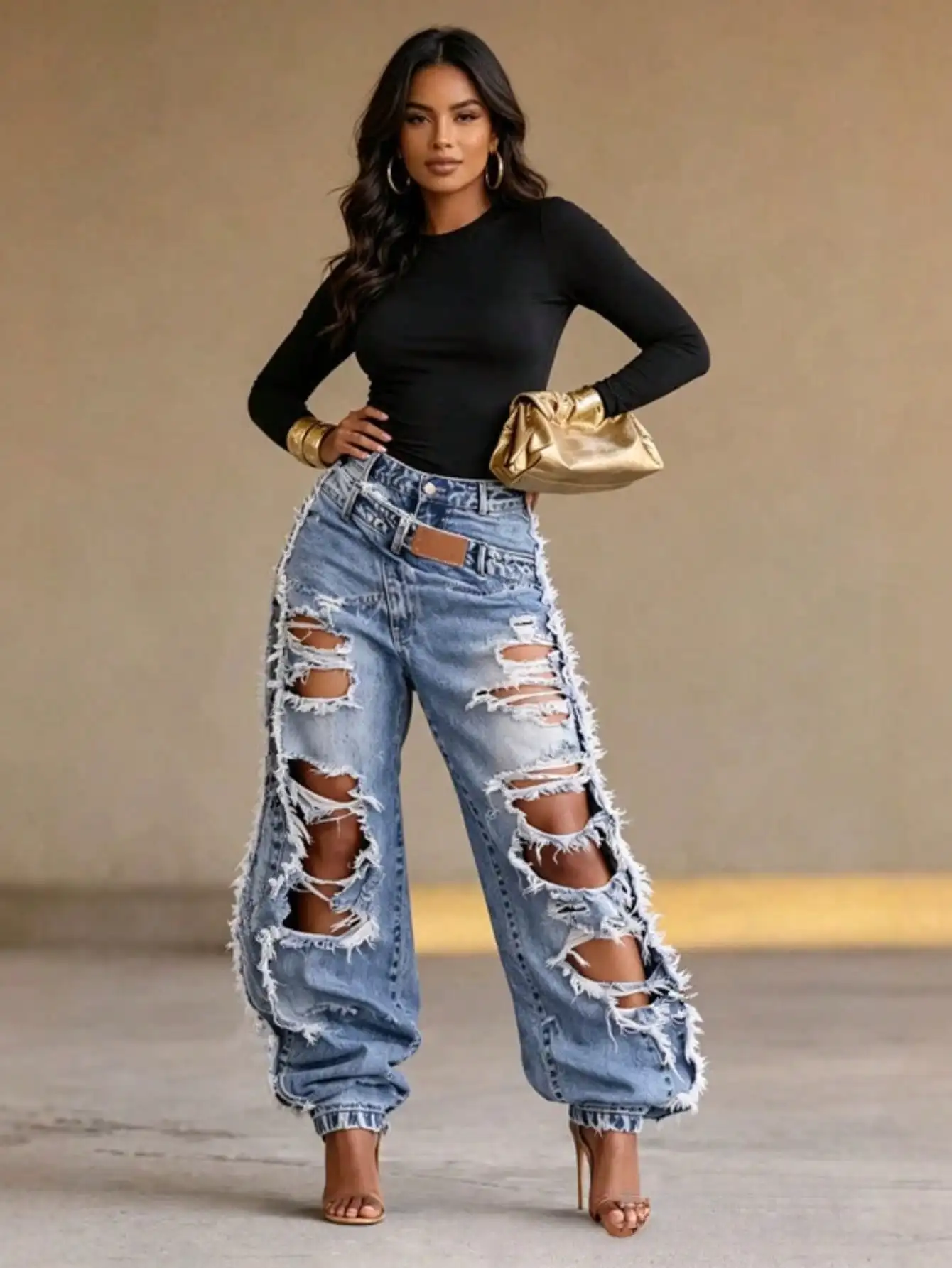 High-Waist Frayed Hem Ripped Denim Pants In Classic Blue Slimming Elastic Cuff Wide-Leg Jeans For A Chic Daily Commute Denim Summer Outfit For Women