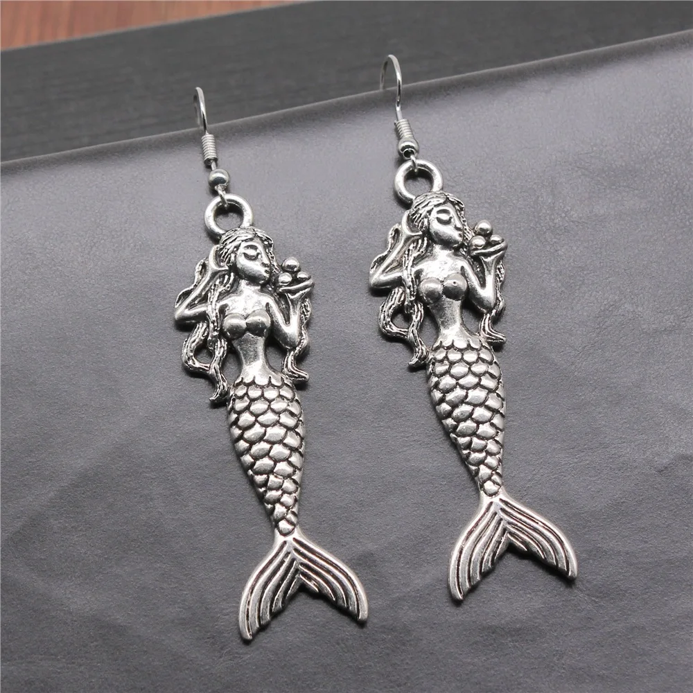 Fashion Handmade Simple Design Antique Silver Color Mermaid Pendant Earrings Dropshipping Drop Earrings