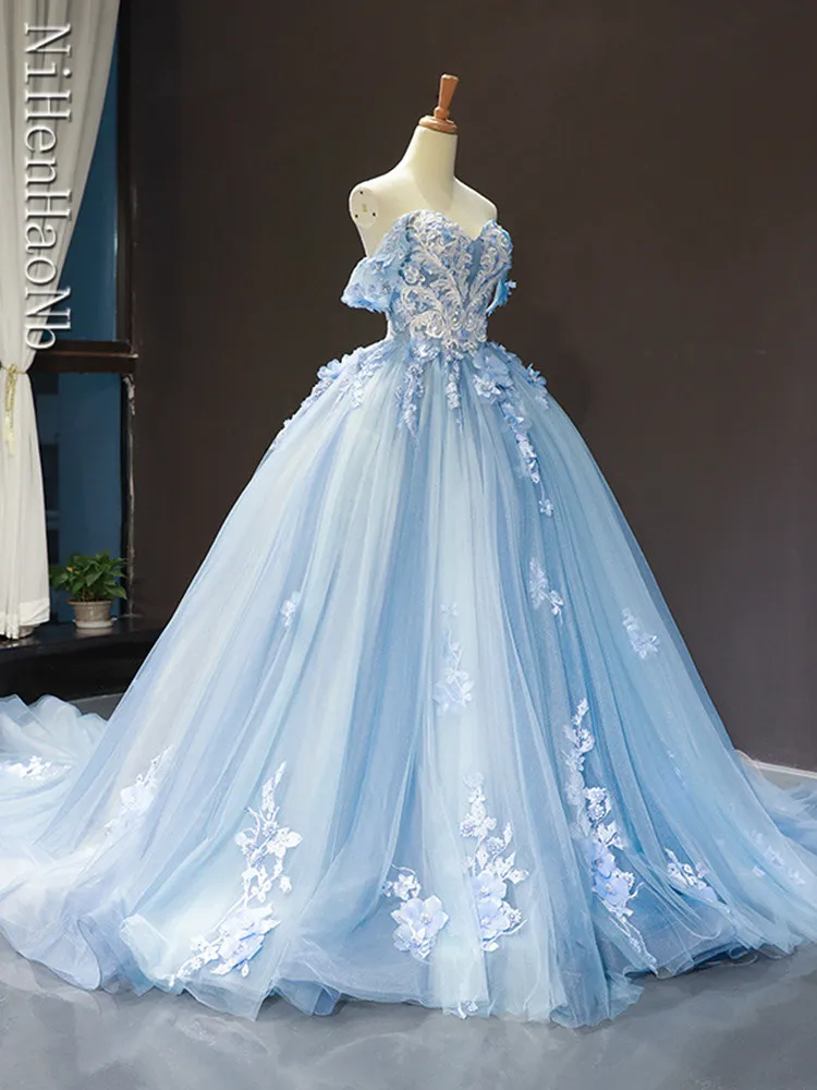 Blue Quinceanera Dresses Off The Shoulder Princess Prom Dress Lace Appliques Ball Gown With Small Train Vestidos De 15