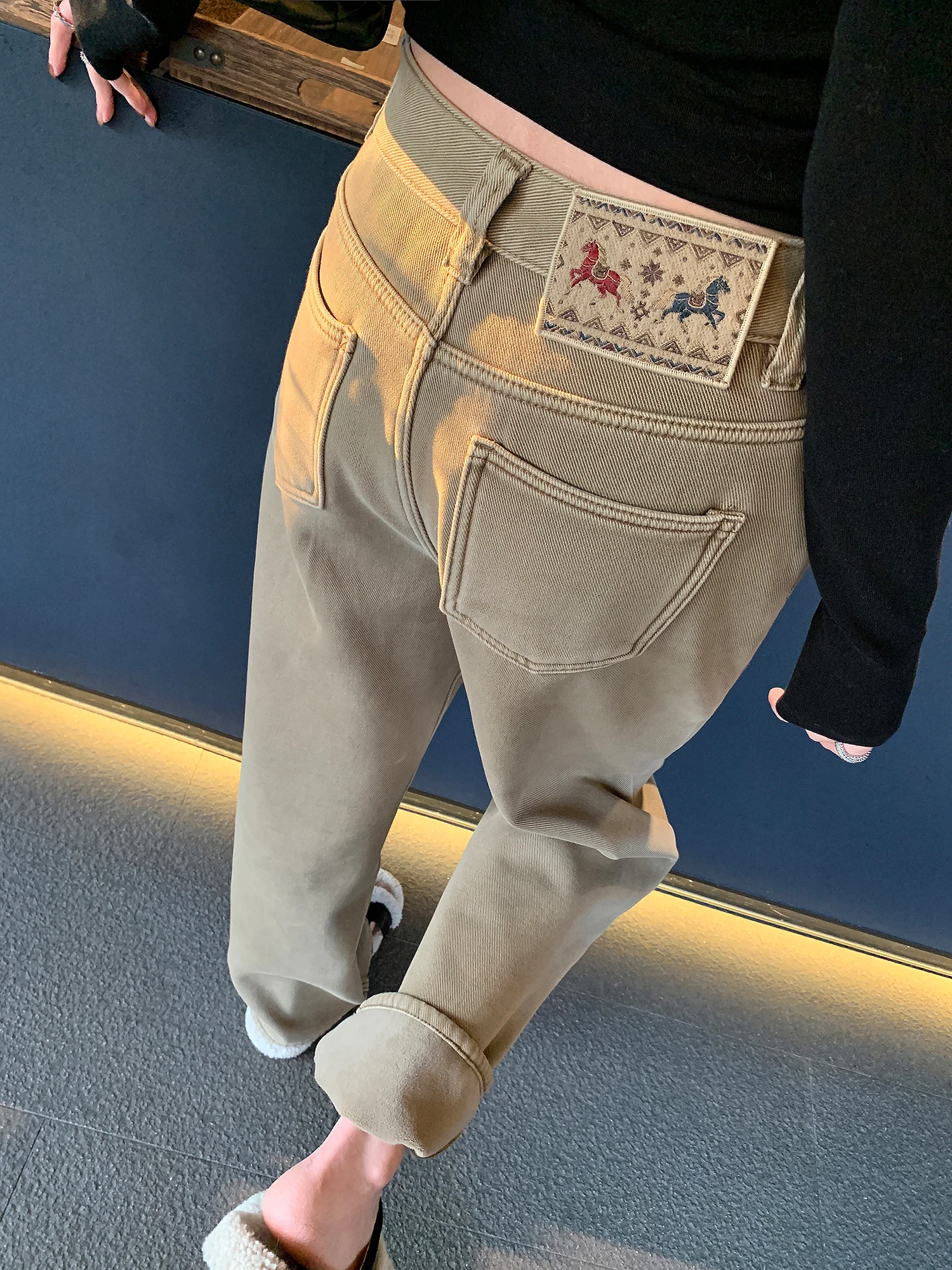 

Ayi Winter Thick Wide Leg Jeans Women's High Waist Straight Tube Fleece Lined Narrow Version Casual Cotton Denim Pants