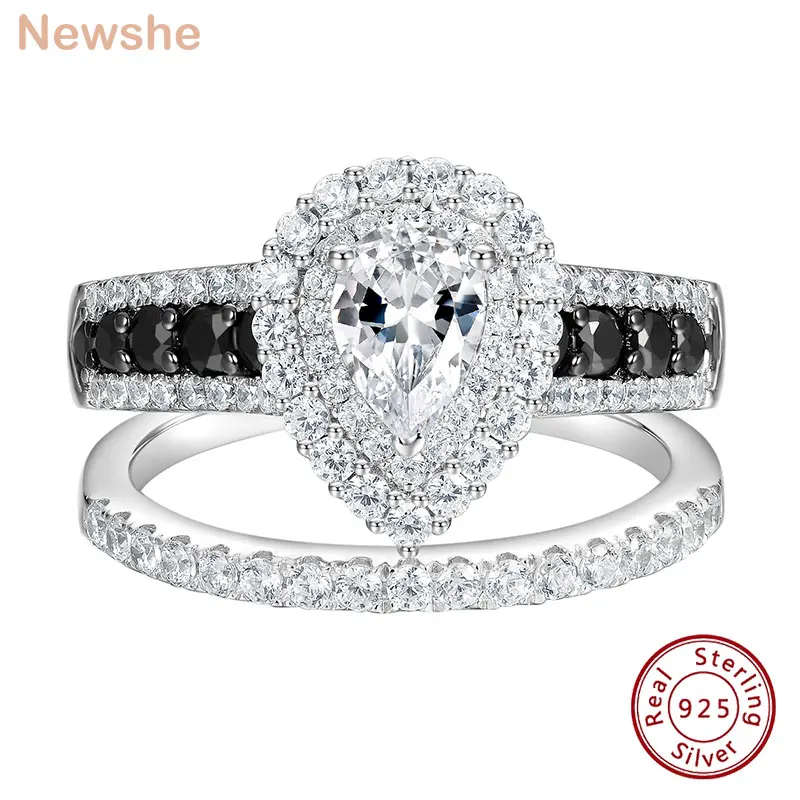 Newshe Pear Shaped Black White Engagement Ring Wedding Band for Women 2 Pieces Set 925 Silver Cubic Zircons Bridal Jewelry