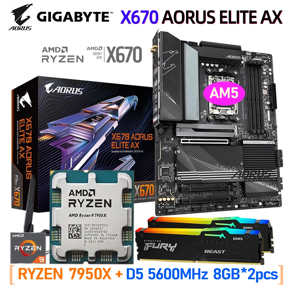 

GIGABYTE X670 AORUS ELITE AX Motherboard DDR5 + AMD RYZEN R9 7950X CPU + 5600MHz 16GB (8GBx2) RGB RAMs WIFI 6E Mainboard PCIe5.0