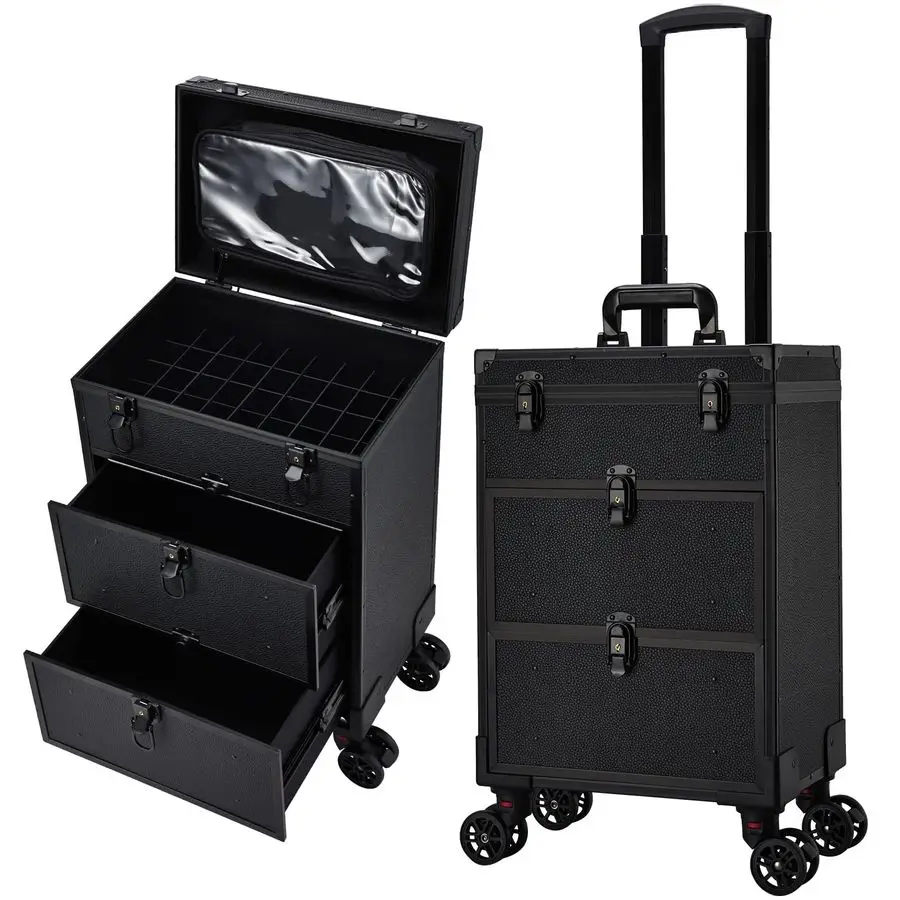 3 in 1 Rolling Makeup Case Cosmetology Case on Wheels 2 Large Drawer Nail Case Trolley Traveling Cosmetic Train Case with Makeup