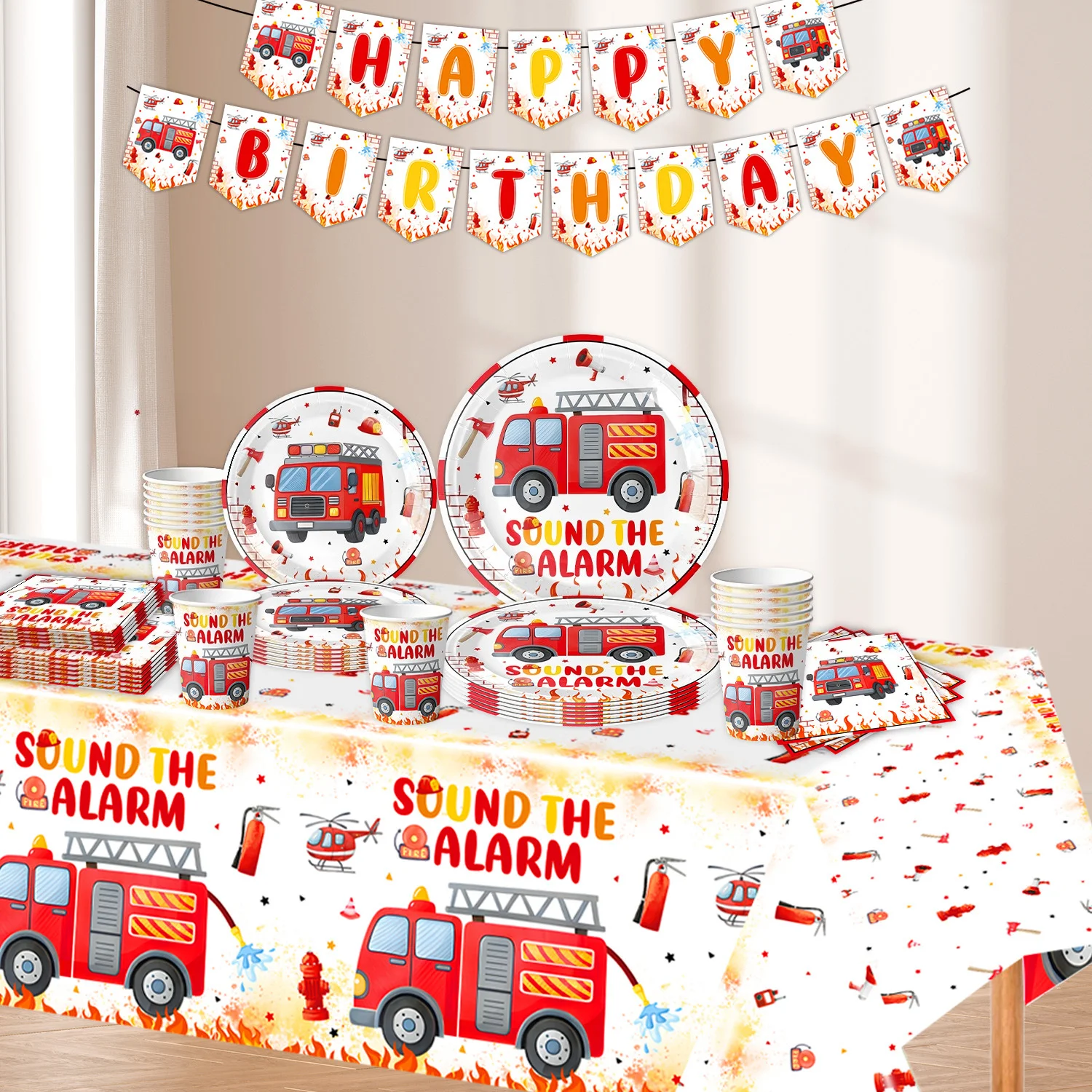 Fire Truck Birthday Party Set, Firefighter Tableware Set Paper Plates Cups Napkins Banner for Boys Fire Engine Birthday Decor
