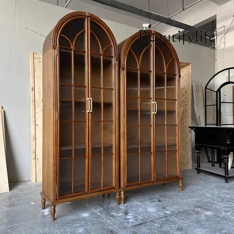 American medieval style solid wood bookcase, living room art Changhong glass door arched cabinet